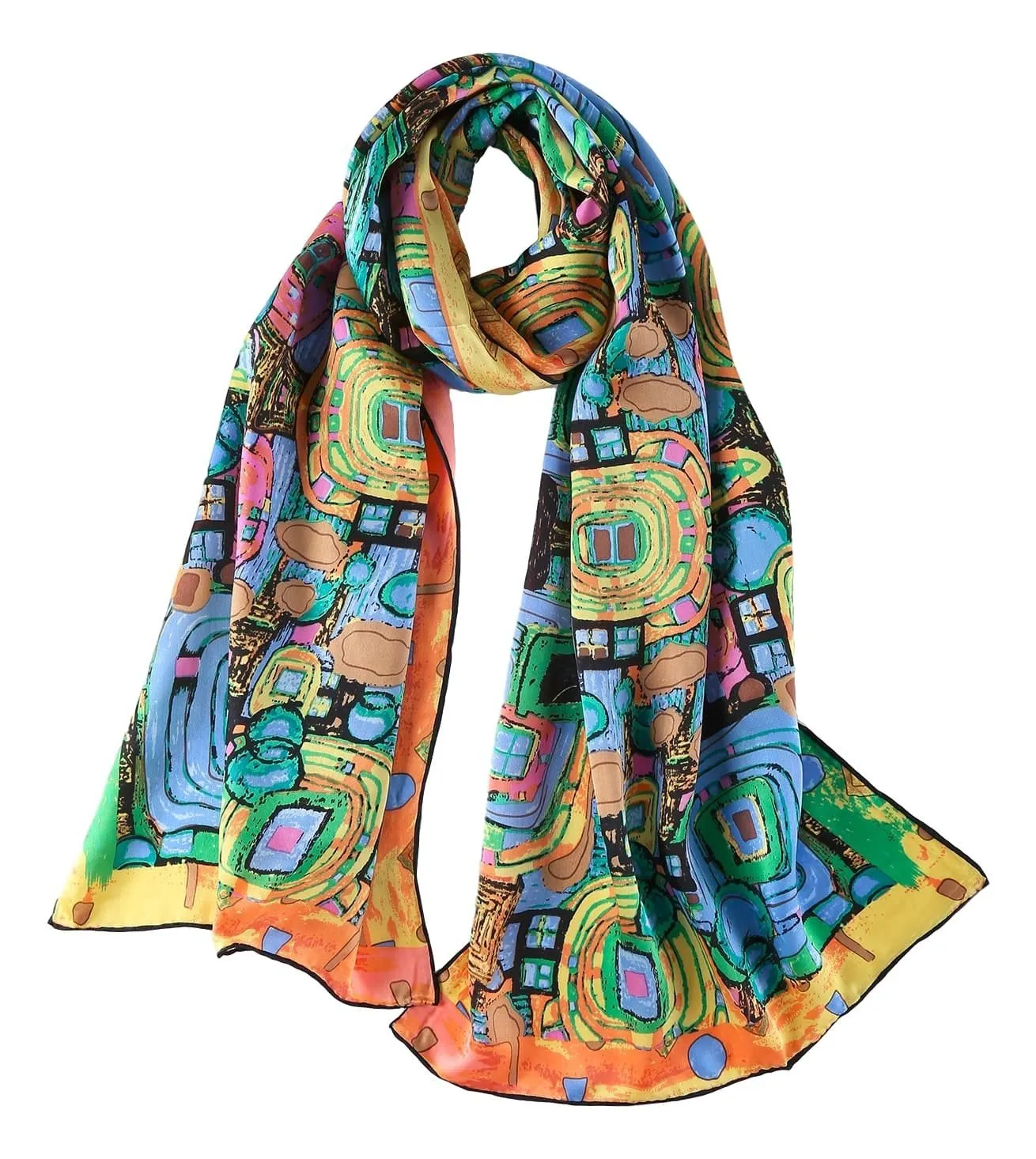Long Charmeuse Satin Silk Scarf with Classic Painting Print LZD106