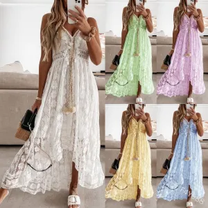 Long Dress Pretty Lace Embroidered Womens Summer Dress White Green Purple Blue Yellow