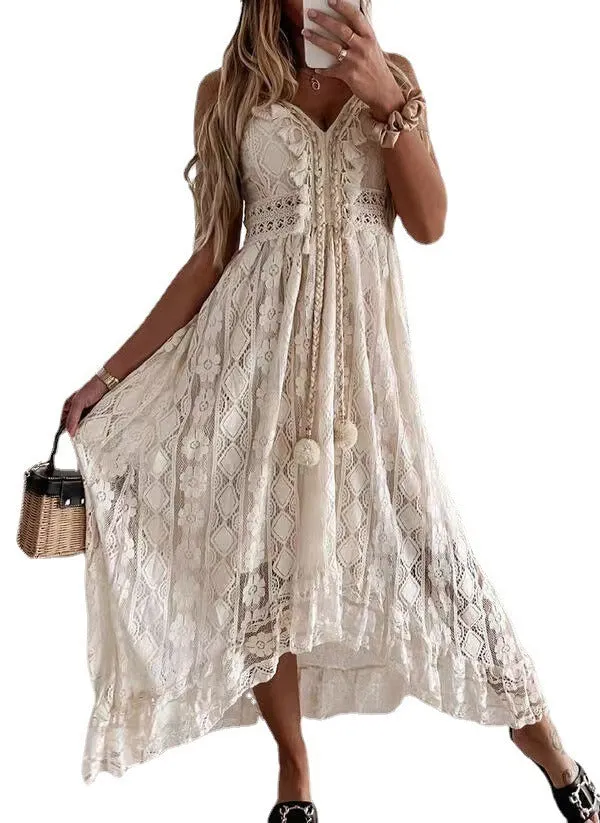 Long Dress Pretty Lace Embroidered Womens Summer Dress White Green Purple Blue Yellow