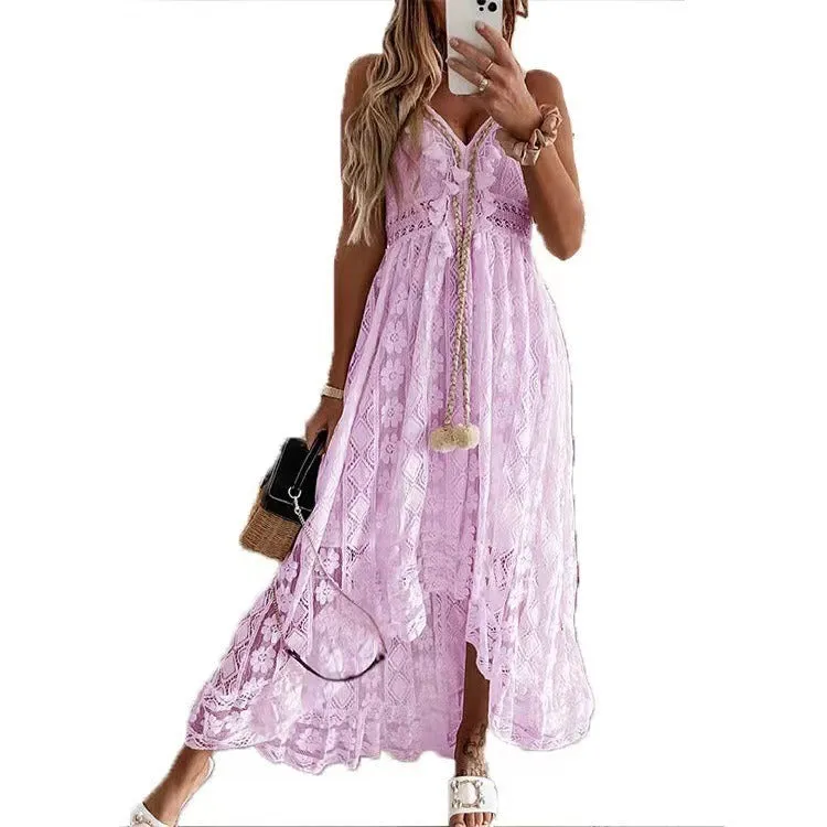Long Dress Pretty Lace Embroidered Womens Summer Dress White Green Purple Blue Yellow