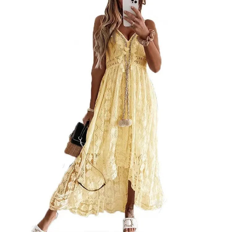 Long Dress Pretty Lace Embroidered Womens Summer Dress White Green Purple Blue Yellow