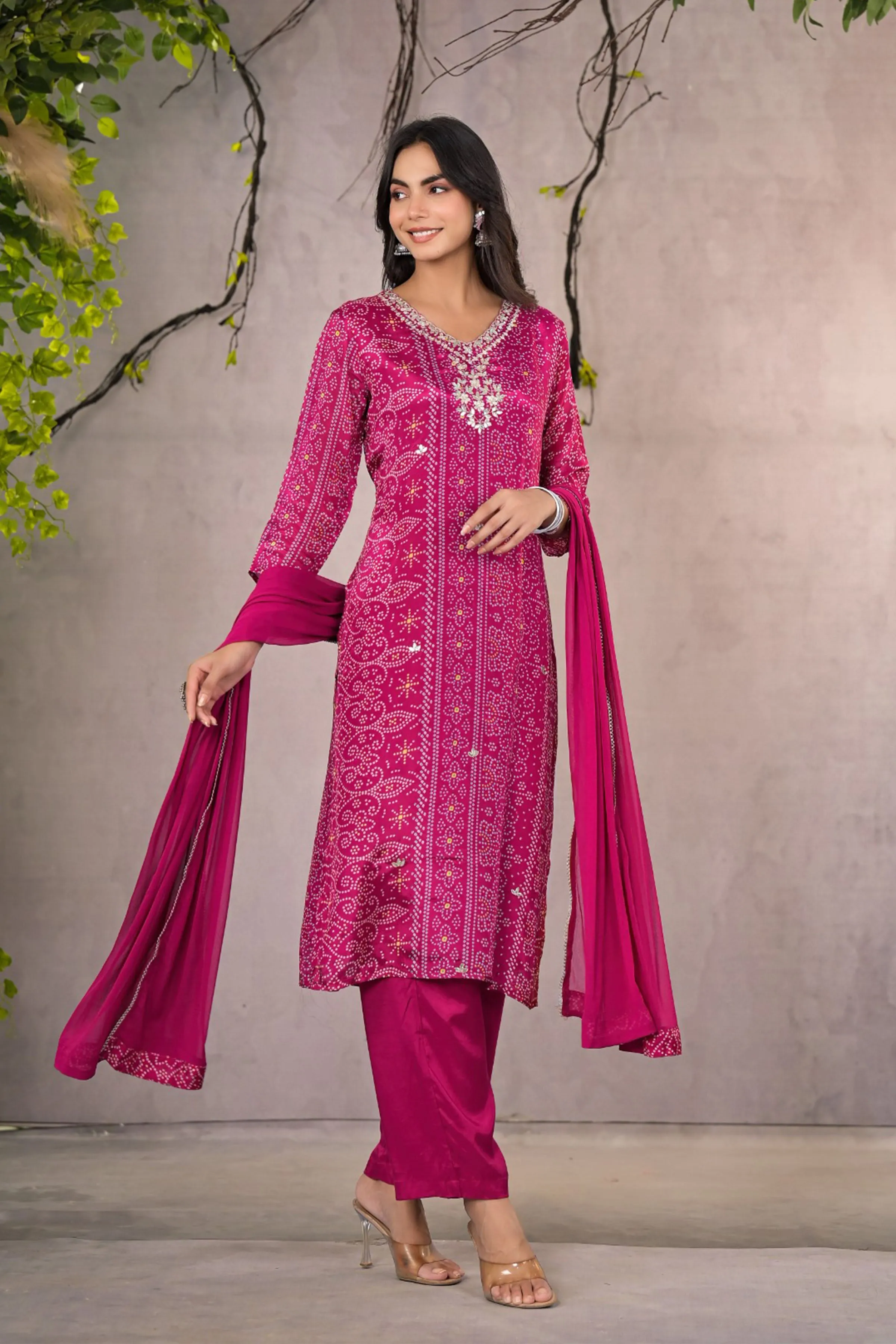 Magenta Bandhej Silk Suit