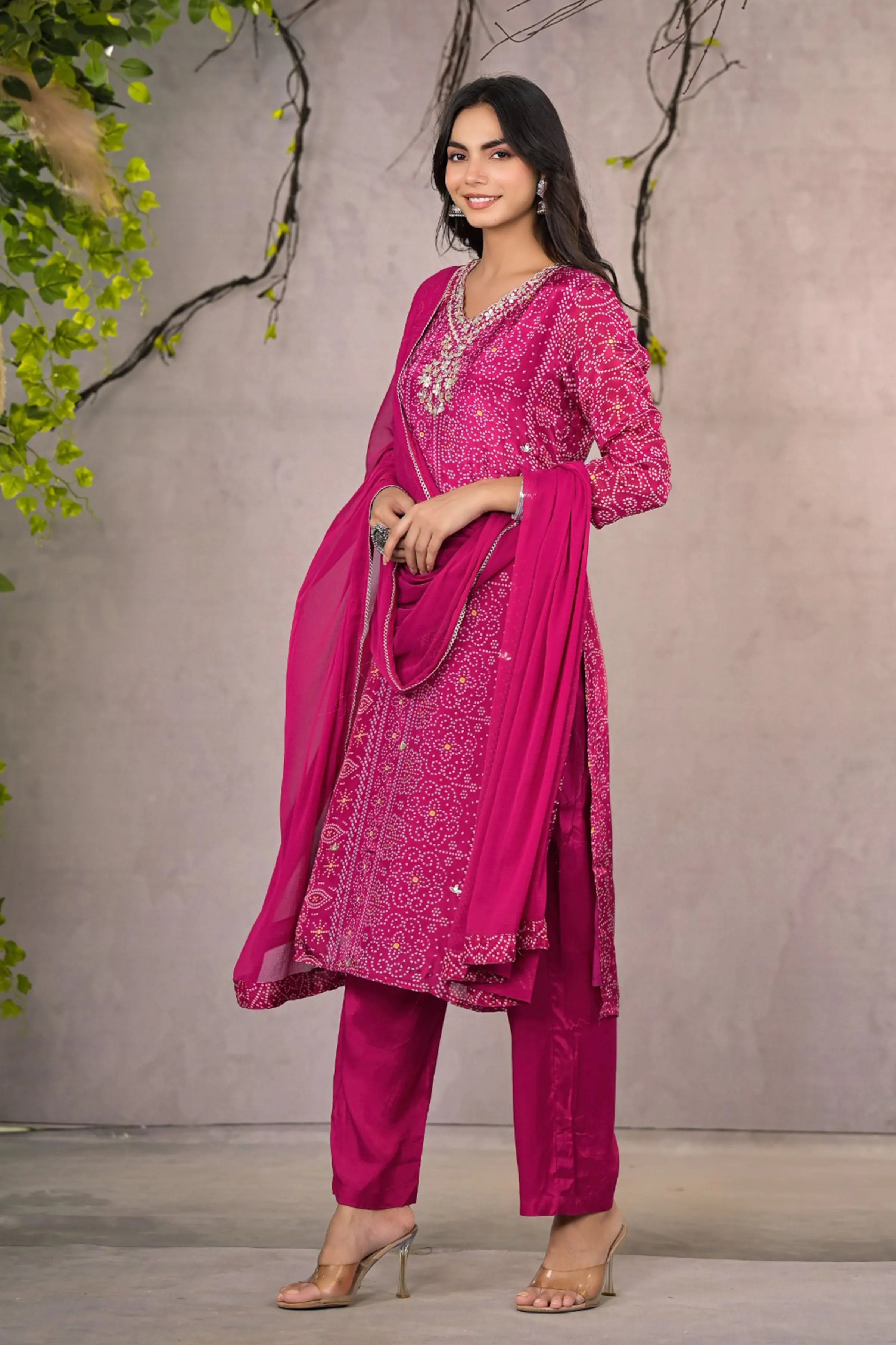 Magenta Bandhej Silk Suit