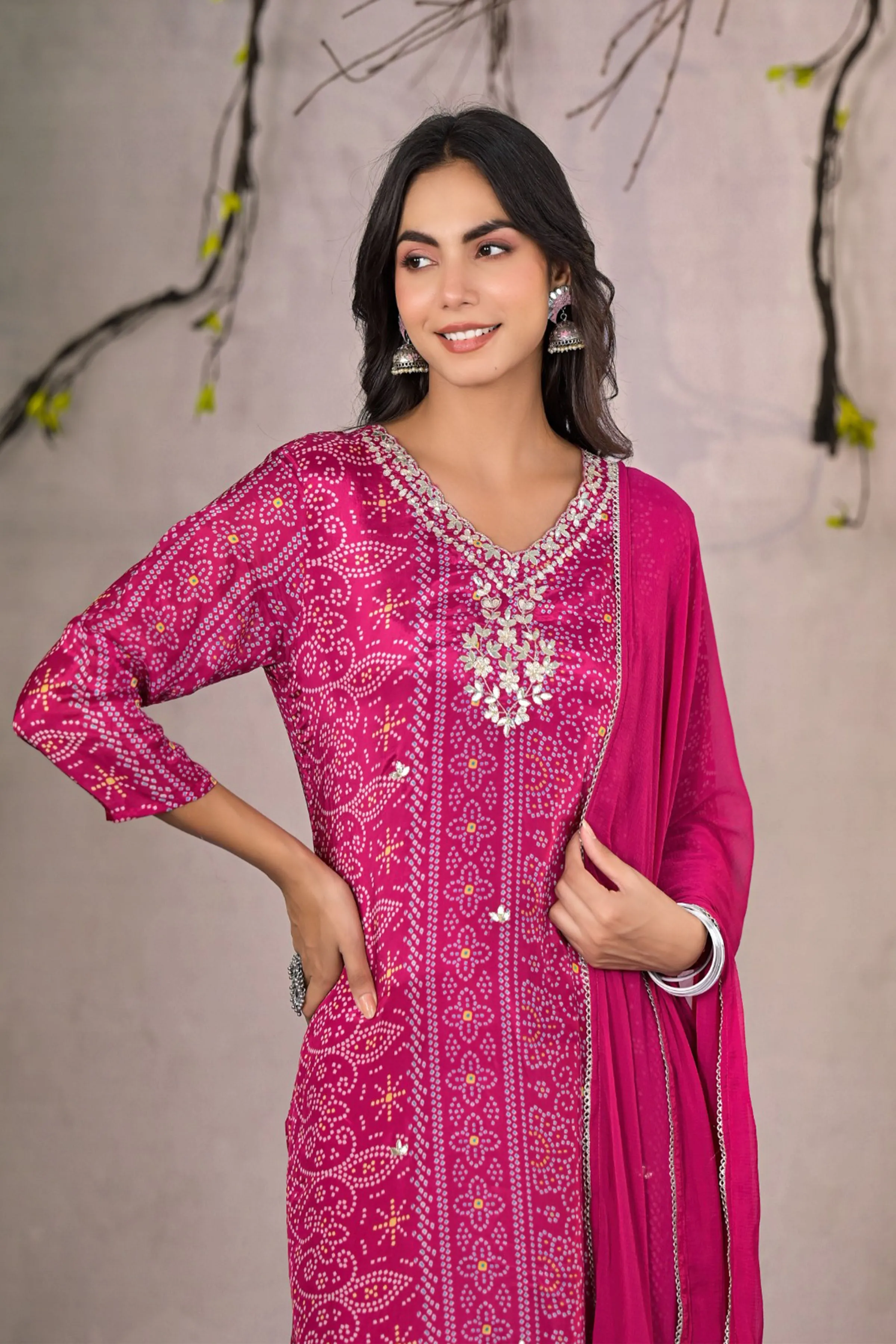 Magenta Bandhej Silk Suit