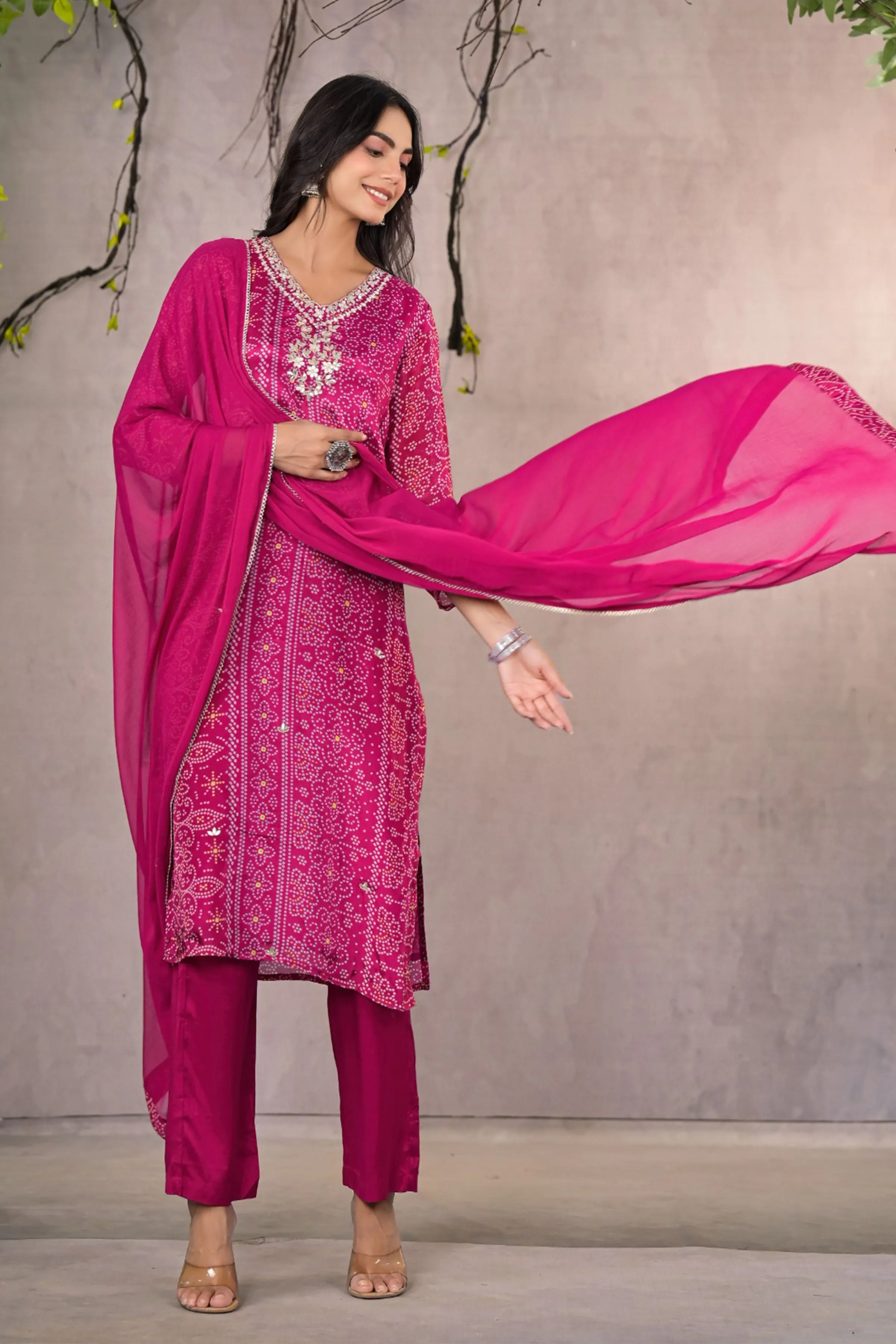 Magenta Bandhej Silk Suit