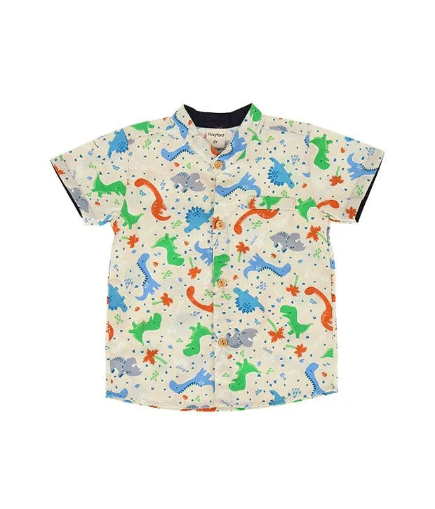 Mandarin Collar Shirt - Stegosaurus Dino (Beige)