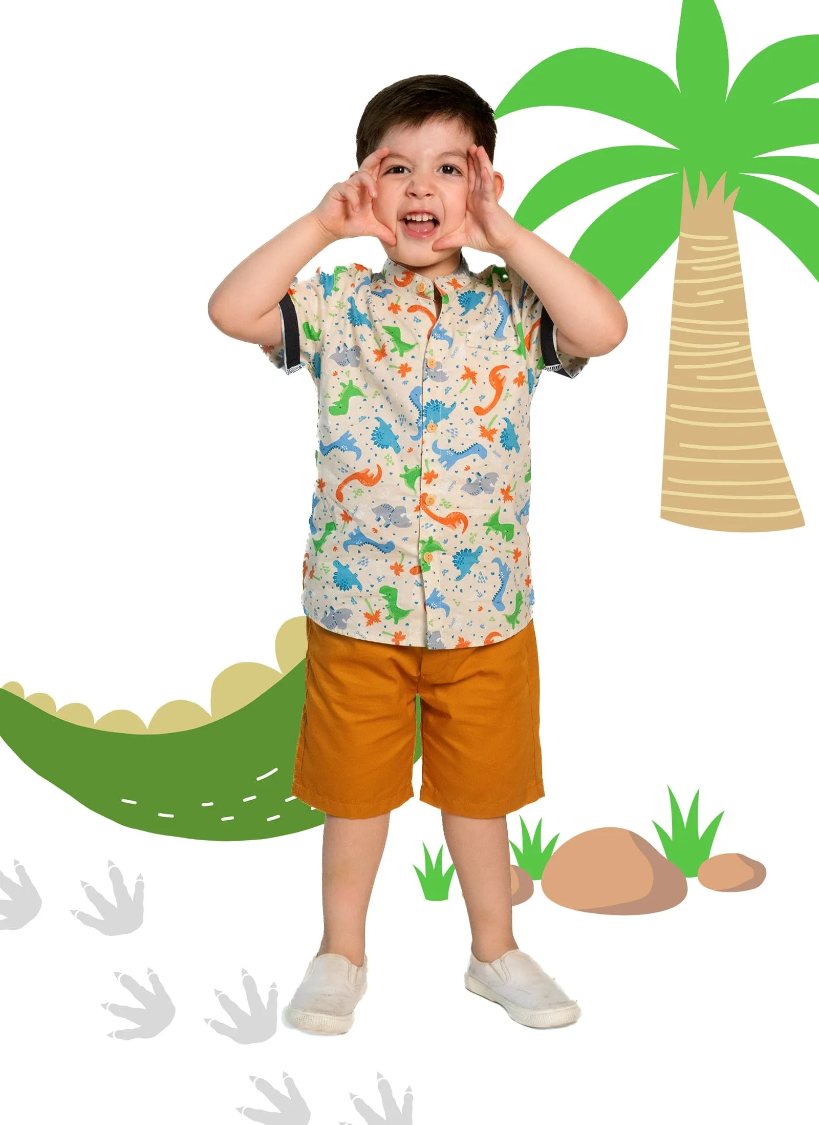 Mandarin Collar Shirt - Stegosaurus Dino (Beige)