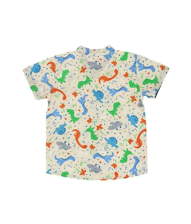 Mandarin Collar Shirt - Stegosaurus Dino (Beige)