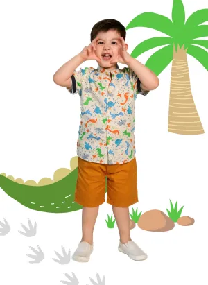 Mandarin Collar Shirt - Stegosaurus Dino (Beige)