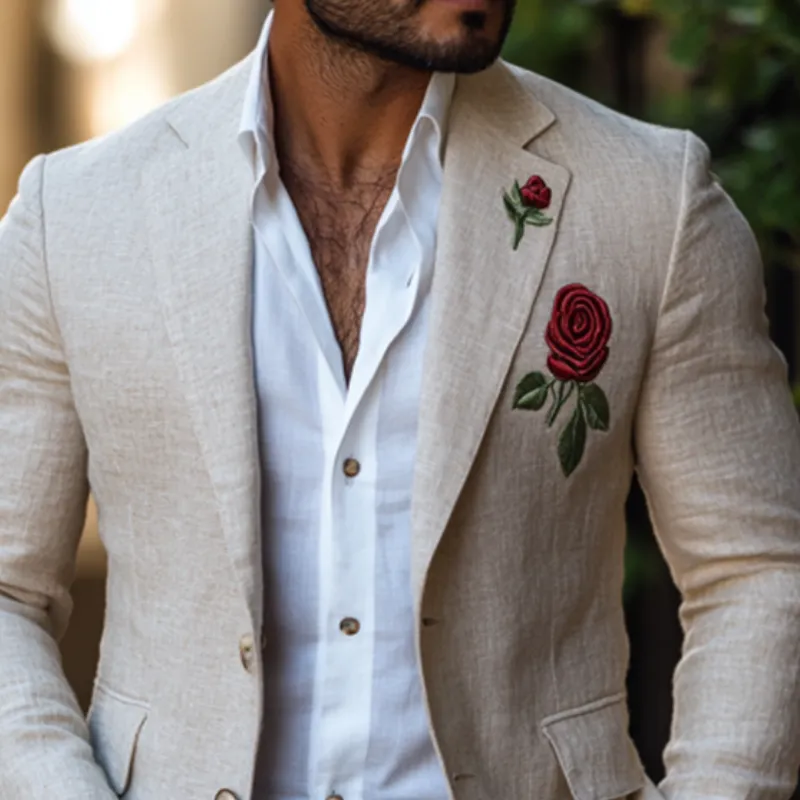 Men's Casual Slim Fit Rose Embroidered Linen Blazer 59736906K