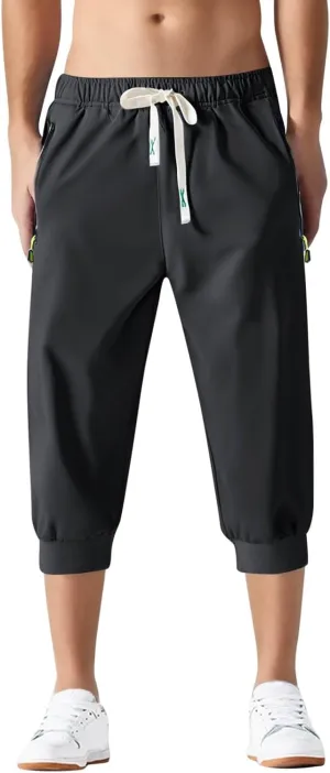 Mens Causal Shorts Slim Fit Elastic Waist Stretch Summer Athletic Shorts Lightweight Drawstring Athletic Hiking Capri Pants