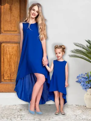 Mommy And Me Matching Hi-Lo Blue Sleeveless Dress