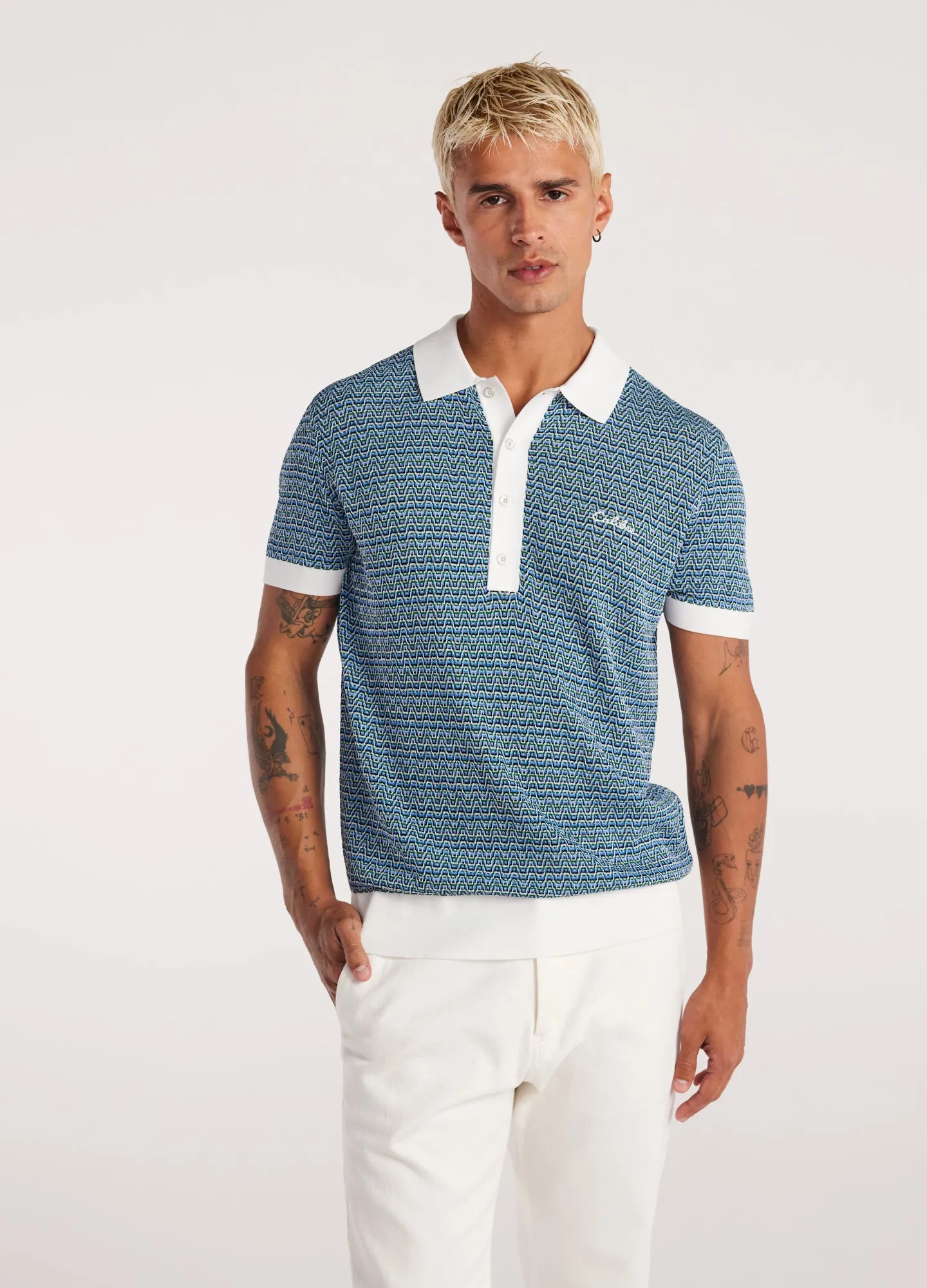 Multi Tone Jacquard Knit Polo Blue