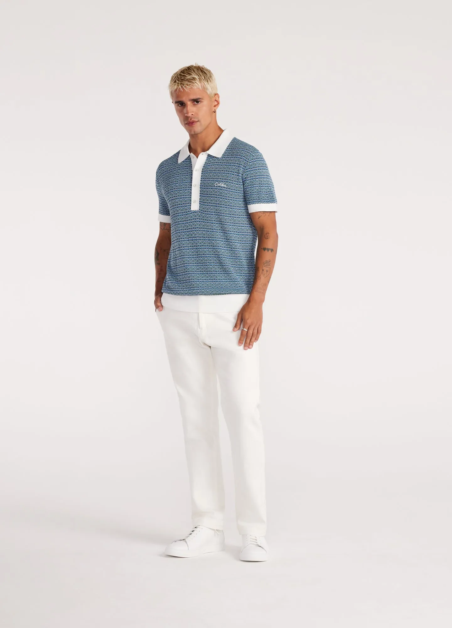 Multi Tone Jacquard Knit Polo Blue