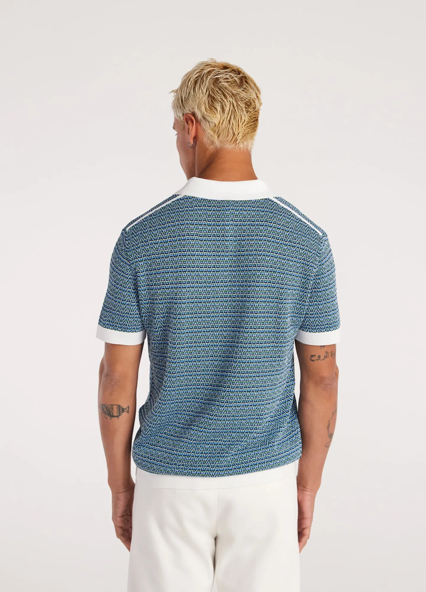 Multi Tone Jacquard Knit Polo Blue