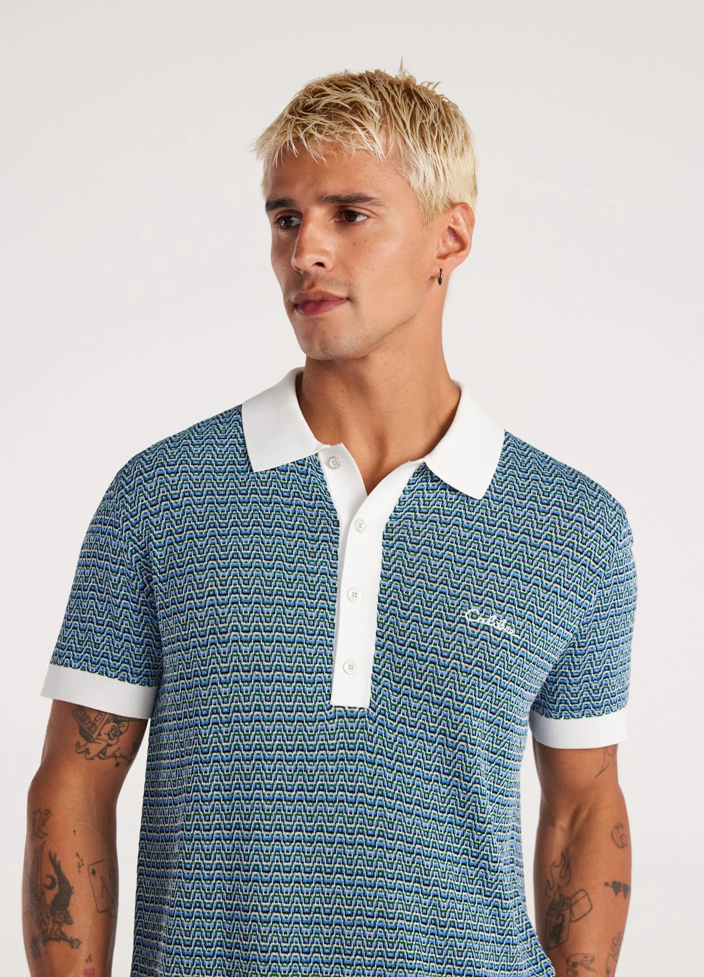 Multi Tone Jacquard Knit Polo Blue