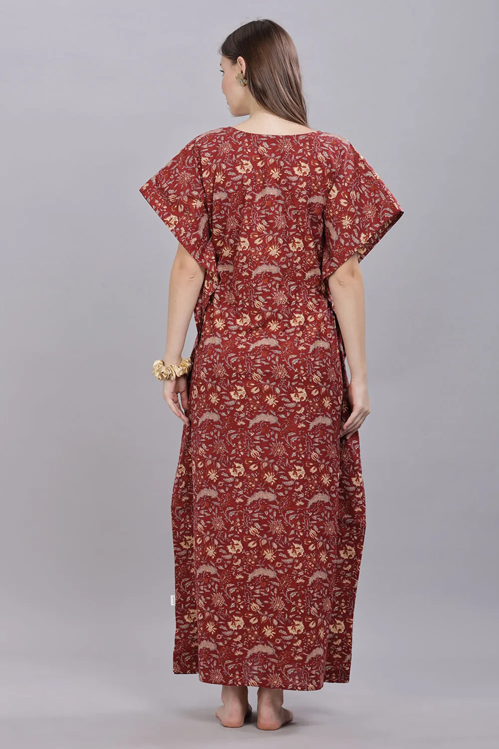 Naidu Hall Round Neck Kaftan Sleeves 100% Cotton Printed Kaftan  Women's Nighty  - Maroon - T406
