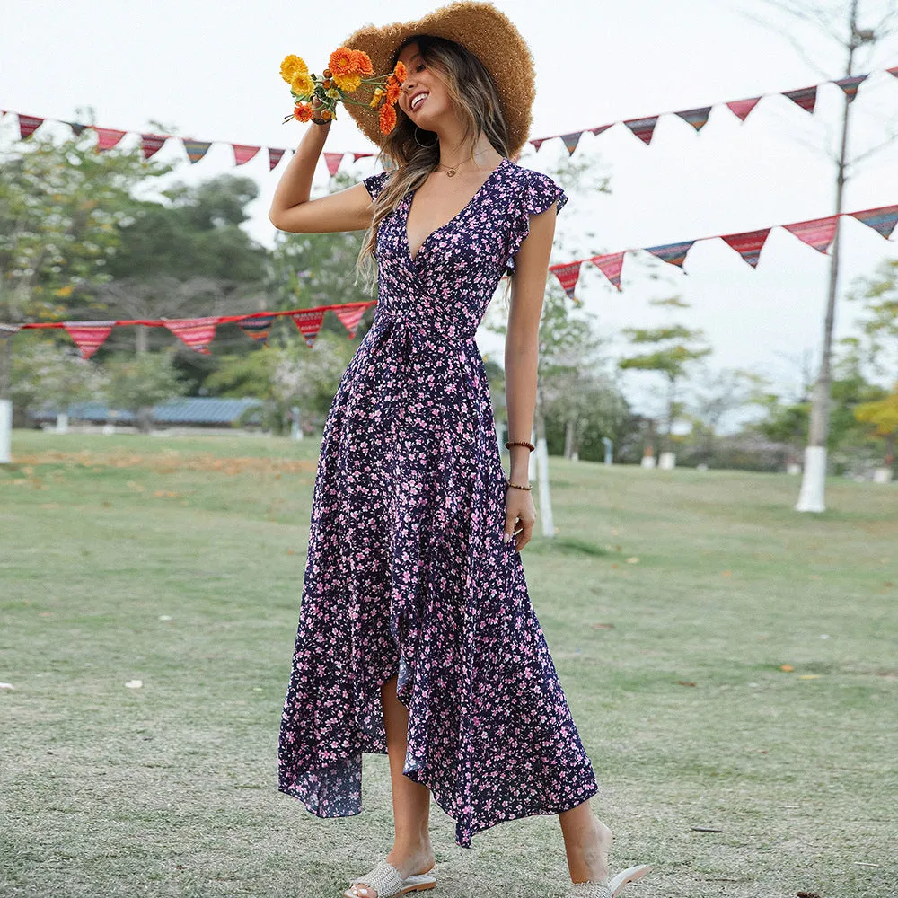 New Bohemian V-neck Lace-up Slim Fit Dress