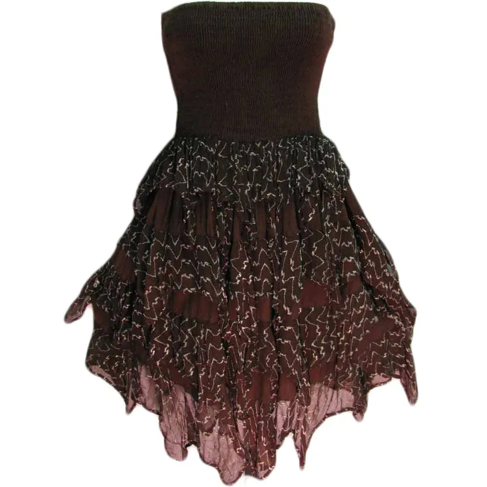 Petite Smocked Knee Length Chikan Embroidered Ruffled Strapless Tube Sun Dress