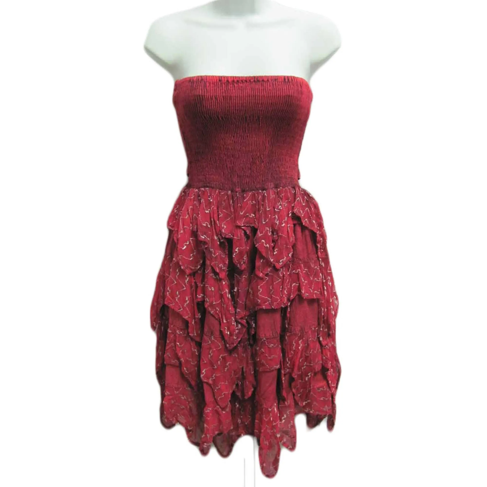 Petite Smocked Knee Length Chikan Embroidered Ruffled Strapless Tube Sun Dress