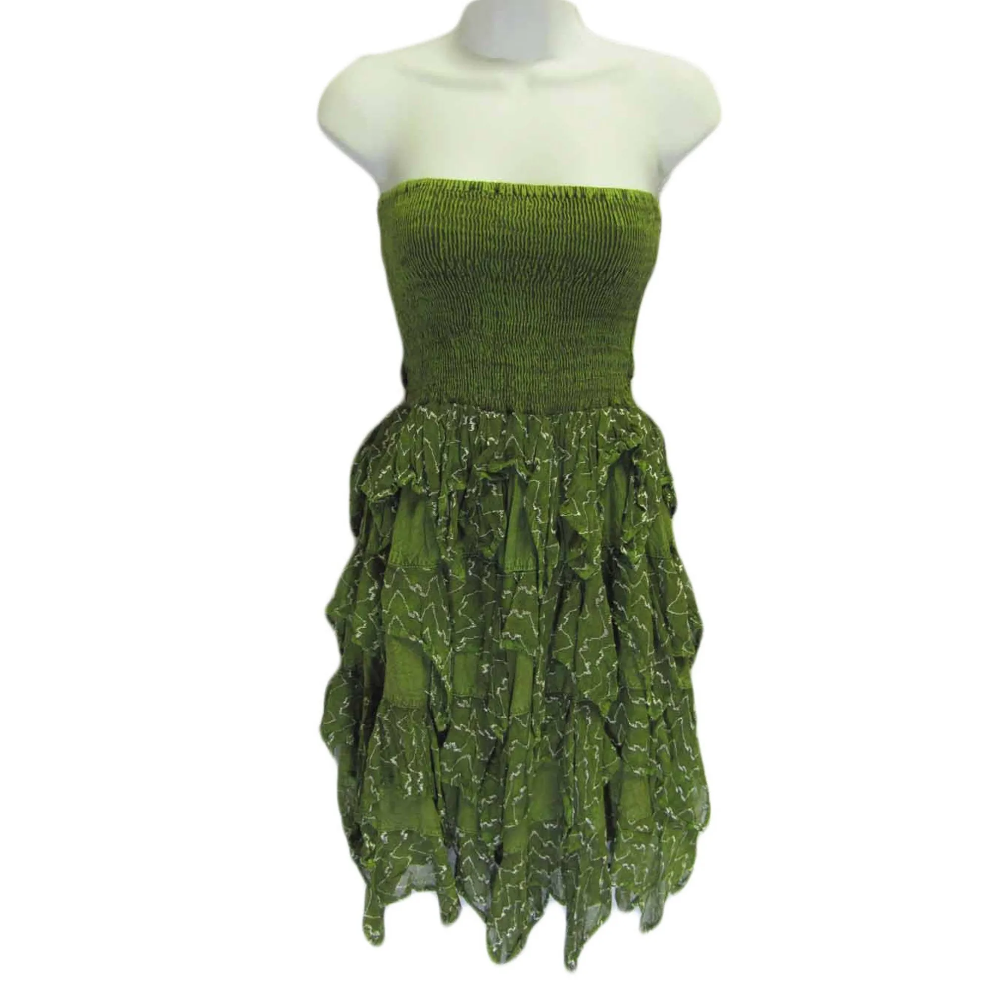 Petite Smocked Knee Length Chikan Embroidered Ruffled Strapless Tube Sun Dress