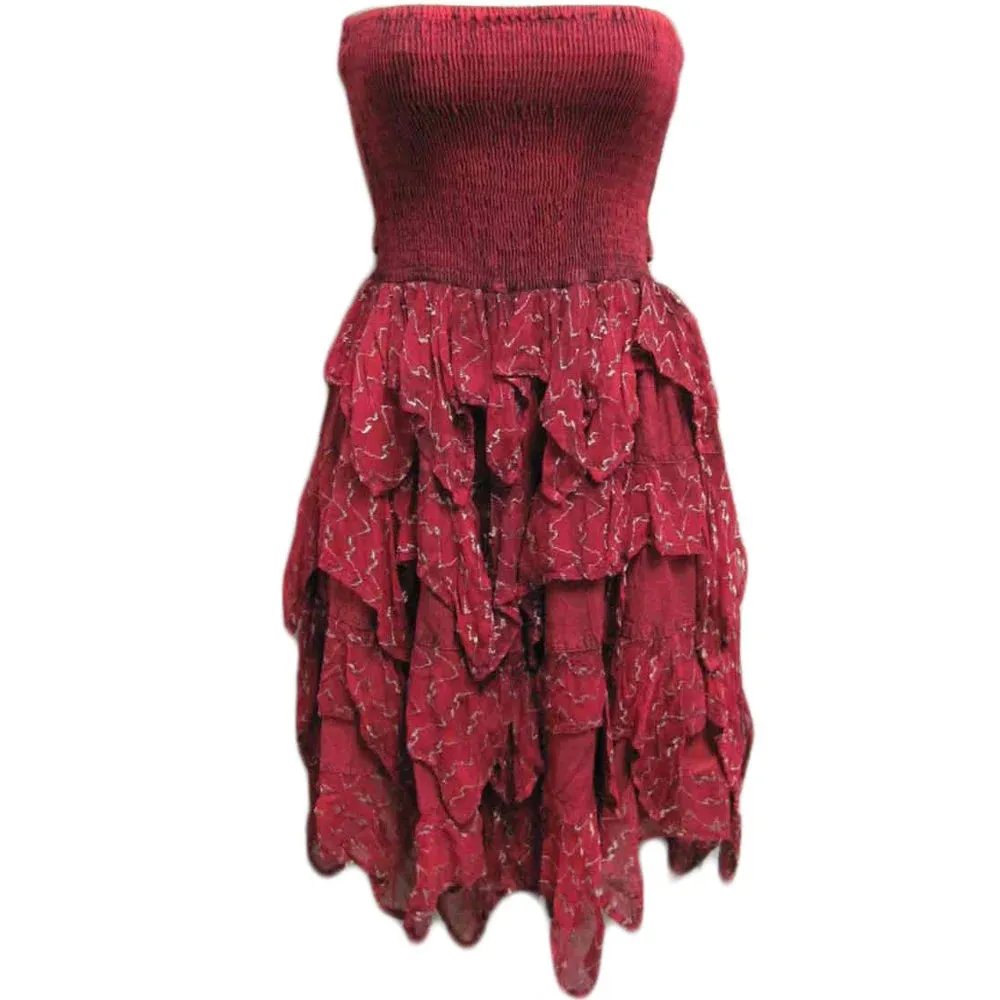 Petite Smocked Knee Length Chikan Embroidered Ruffled Strapless Tube Sun Dress