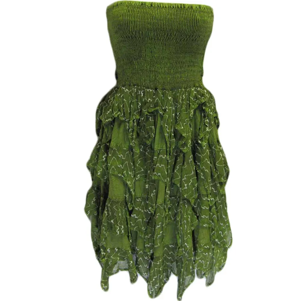 Petite Smocked Knee Length Chikan Embroidered Ruffled Strapless Tube Sun Dress