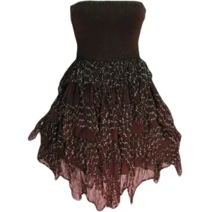 Petite Smocked Knee Length Chikan Embroidered Ruffled Strapless Tube Sun Dress