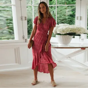 polka dot v neck irregular bohemian dress