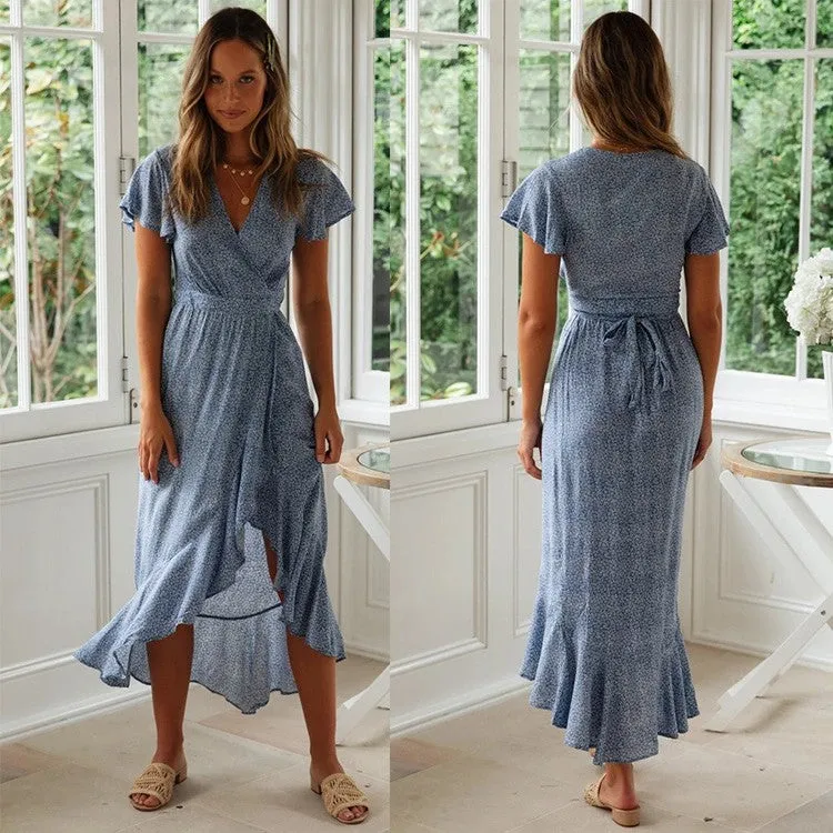 polka dot v neck irregular bohemian dress