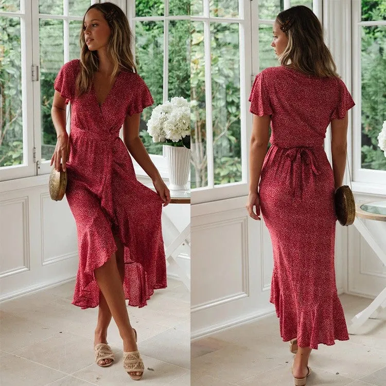 polka dot v neck irregular bohemian dress