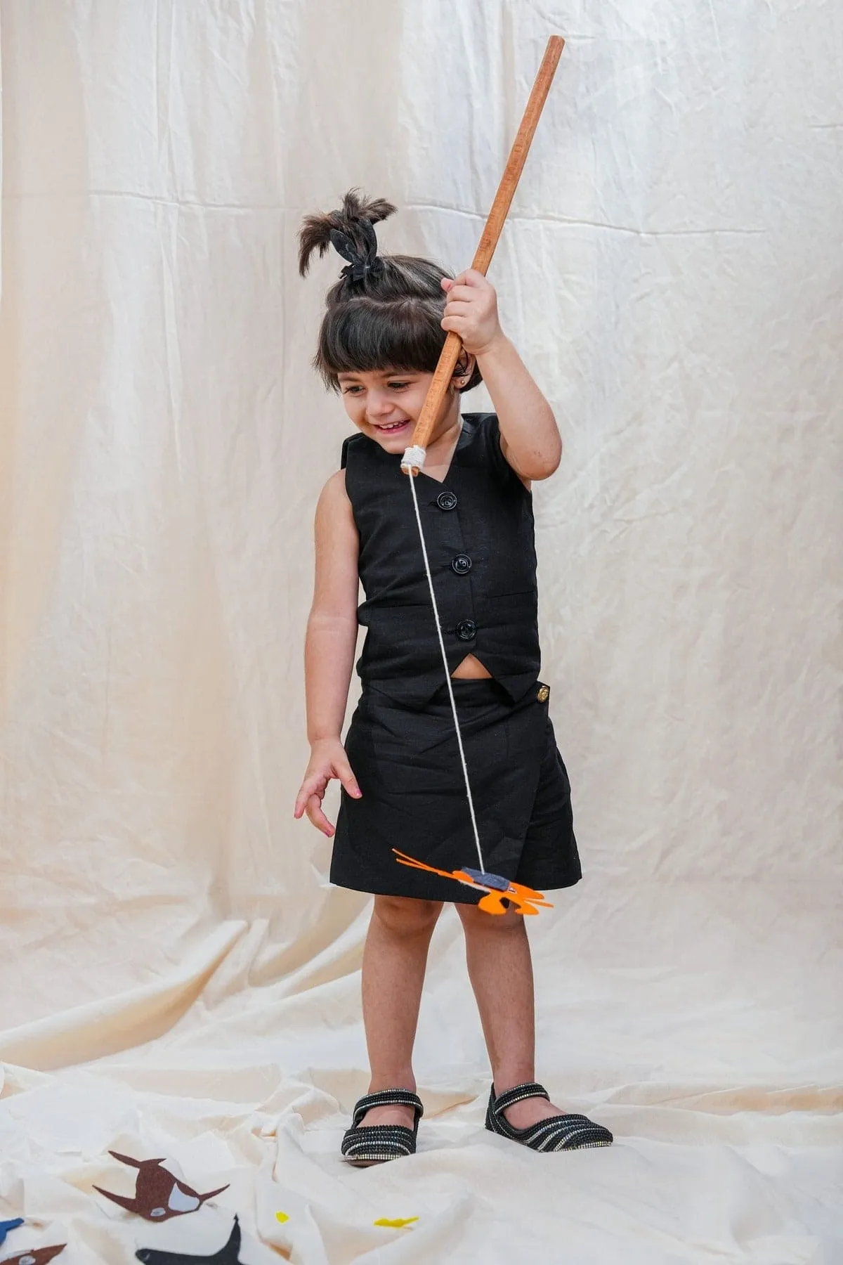 Pre-Order: Waist Coat with Skirt Styled Shorts - Black Colour, Cotton Linen