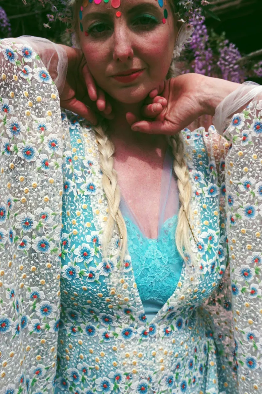 Pretty embroidered lace floral White dainty Kaftan Dress