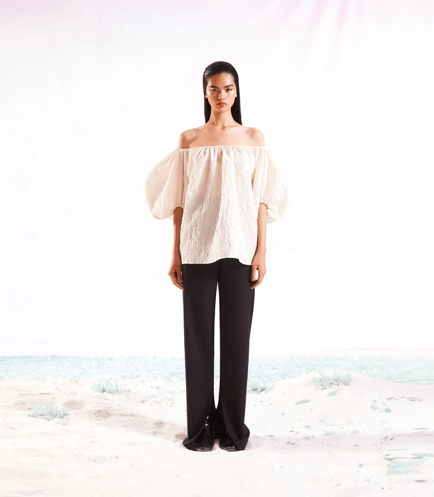 Puff Sleeve Off-Shoulder Jacquard Top