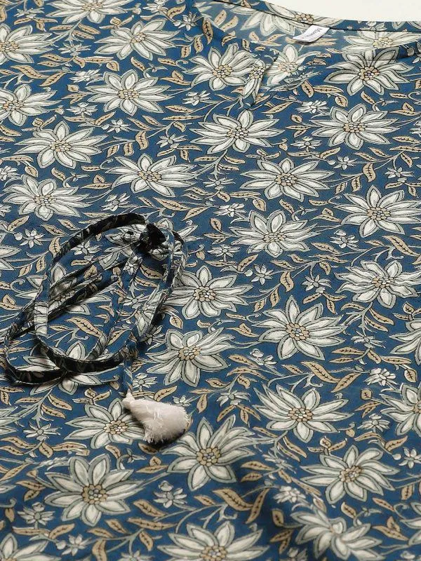 Pure Cotton Printed Blue Kaftan Kurta