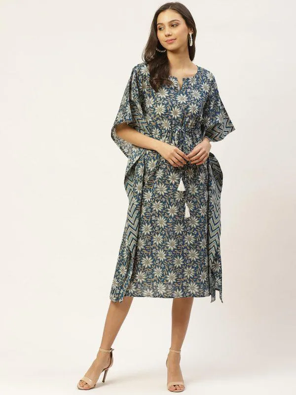 Pure Cotton Printed Blue Kaftan Kurta