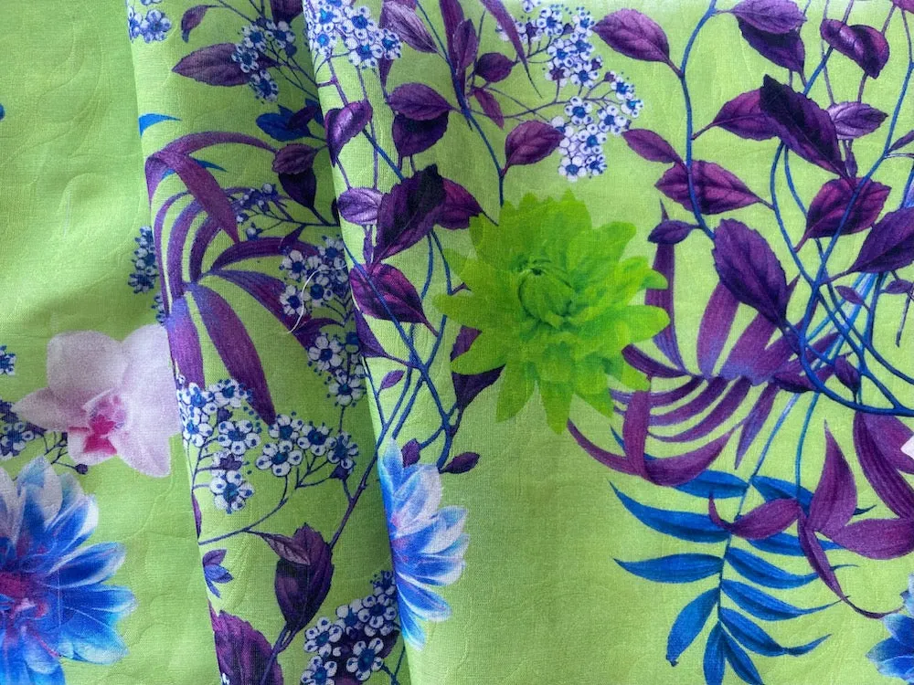 Ratti Selvedged Floral Amethyst, Rose & Azure on Spring Green Cotton-Viscose Double Voile Jacquard (Made in Italy)