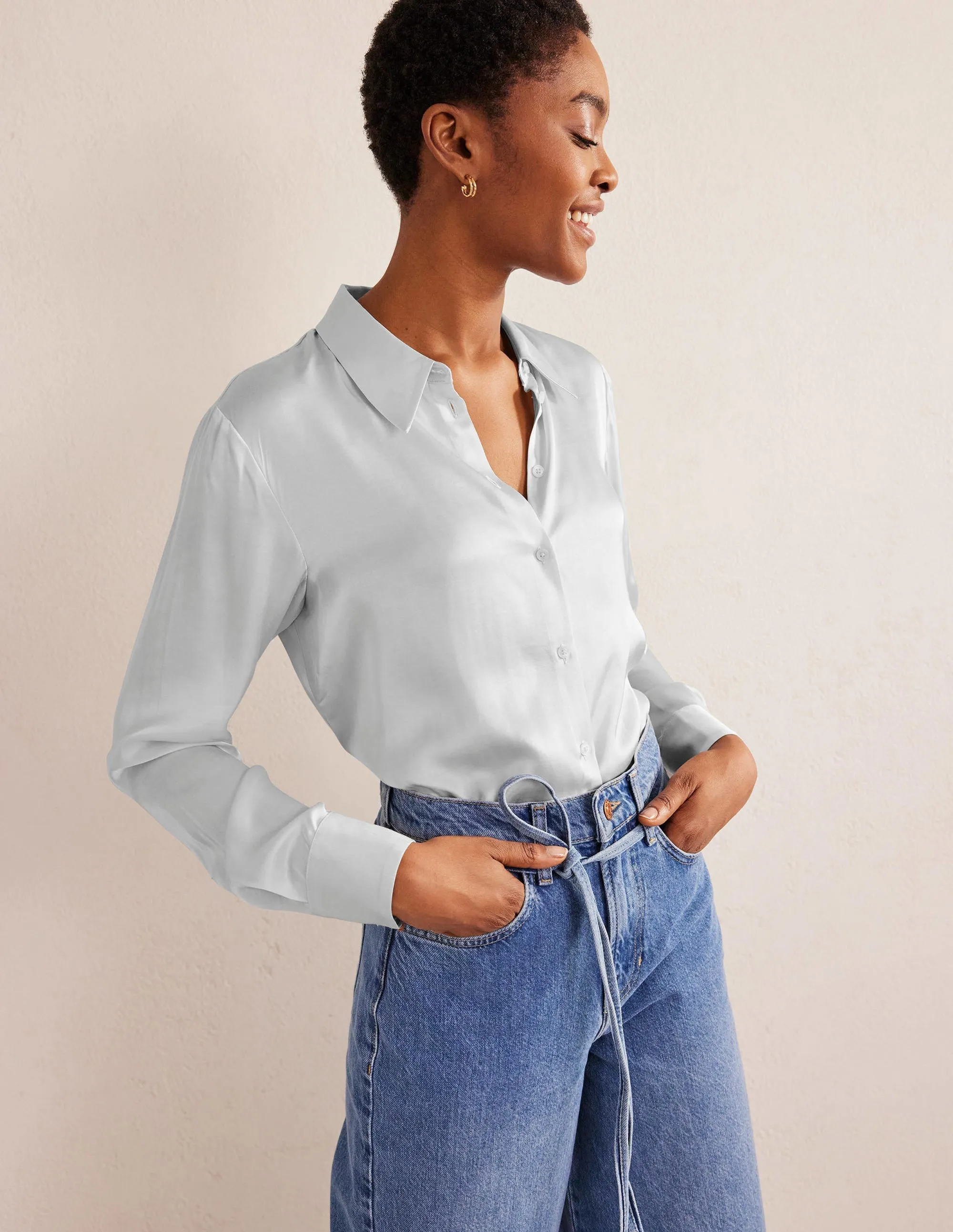 Relaxed Satin Shirt-Vaporous Grey