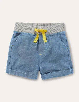 Rib Waist Woven Shorts-Mid Chambray
