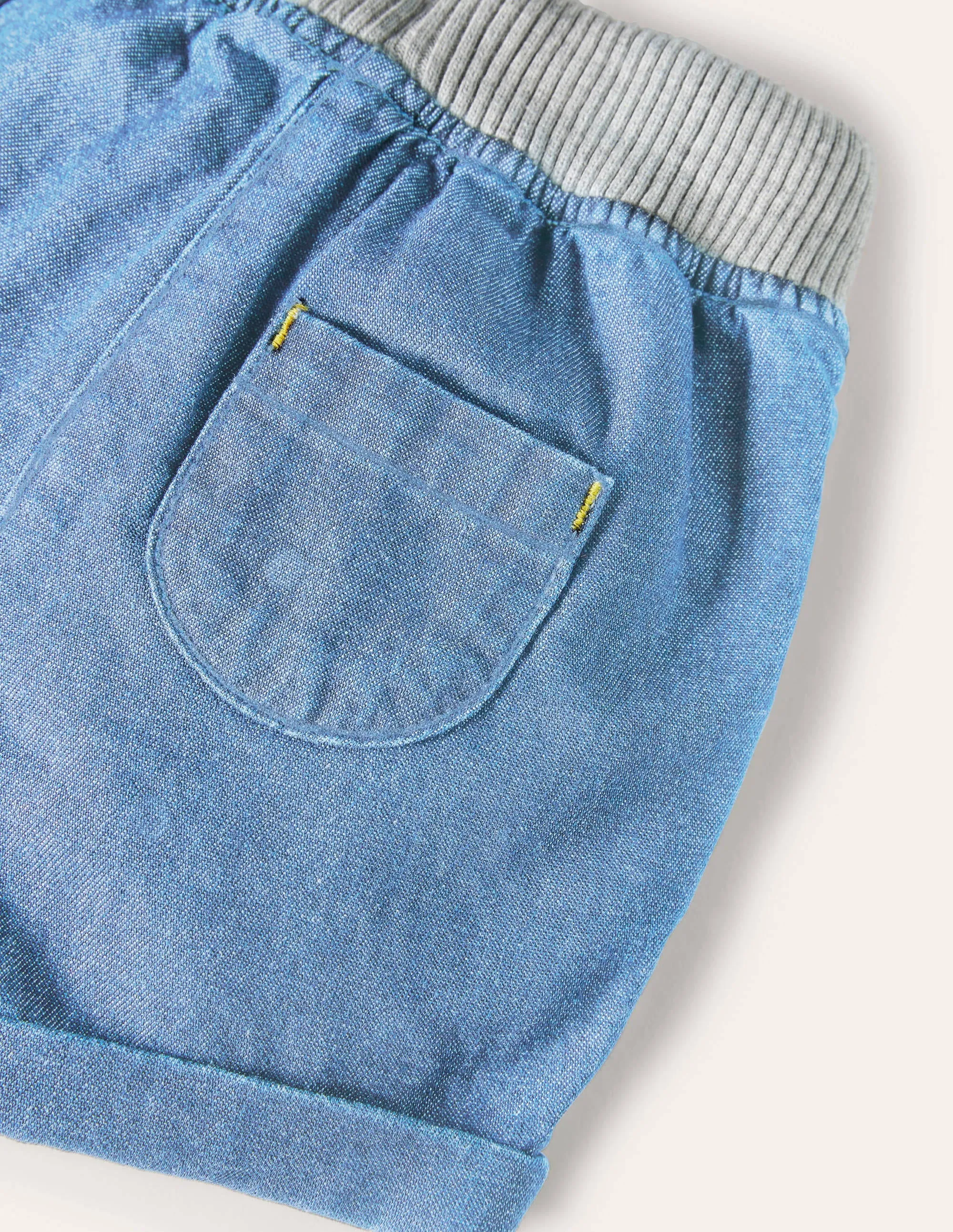 Rib Waist Woven Shorts-Mid Chambray