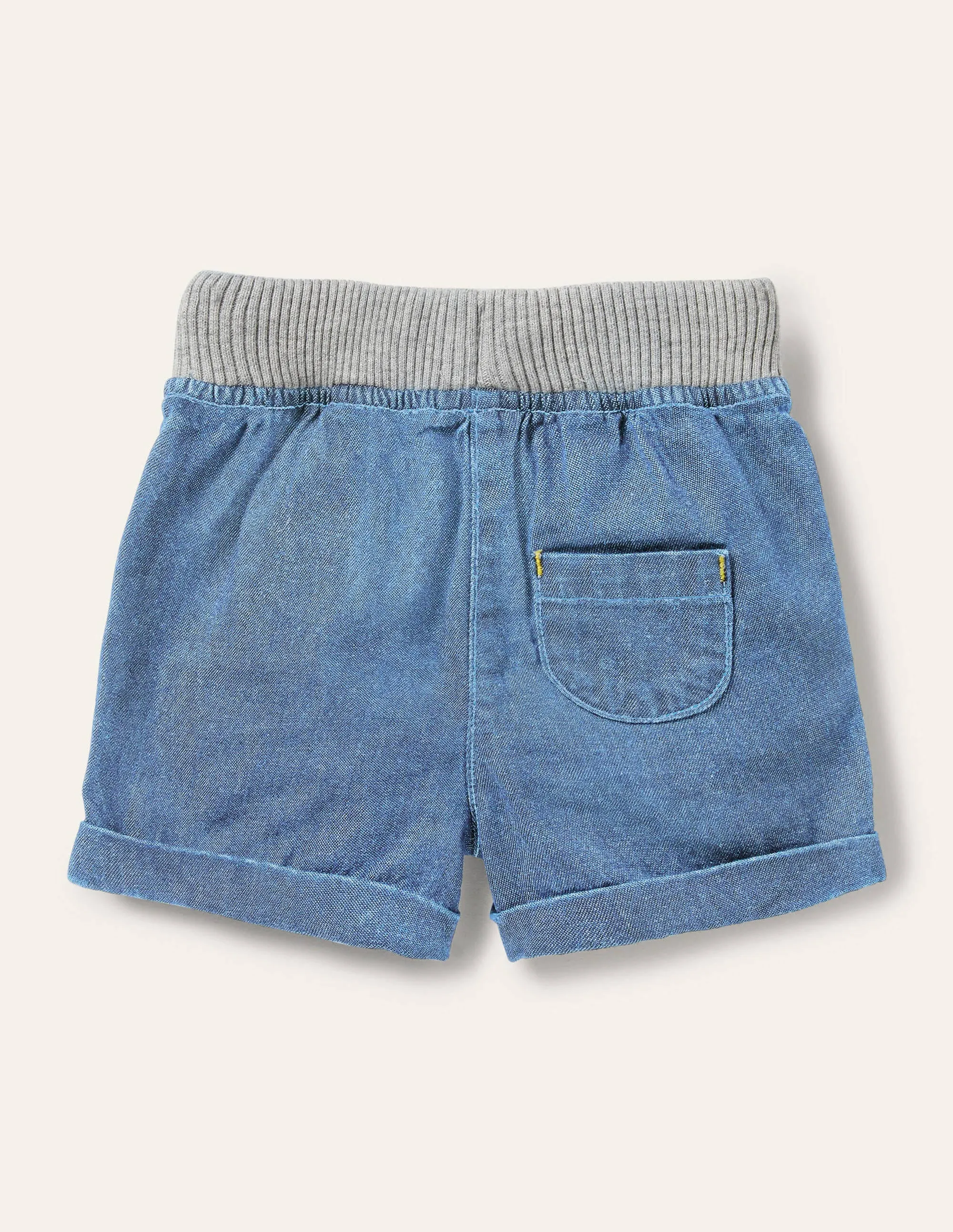 Rib Waist Woven Shorts-Mid Chambray