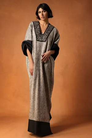 Silk Jacquard Kaftan with Beaded Lurex Neckline