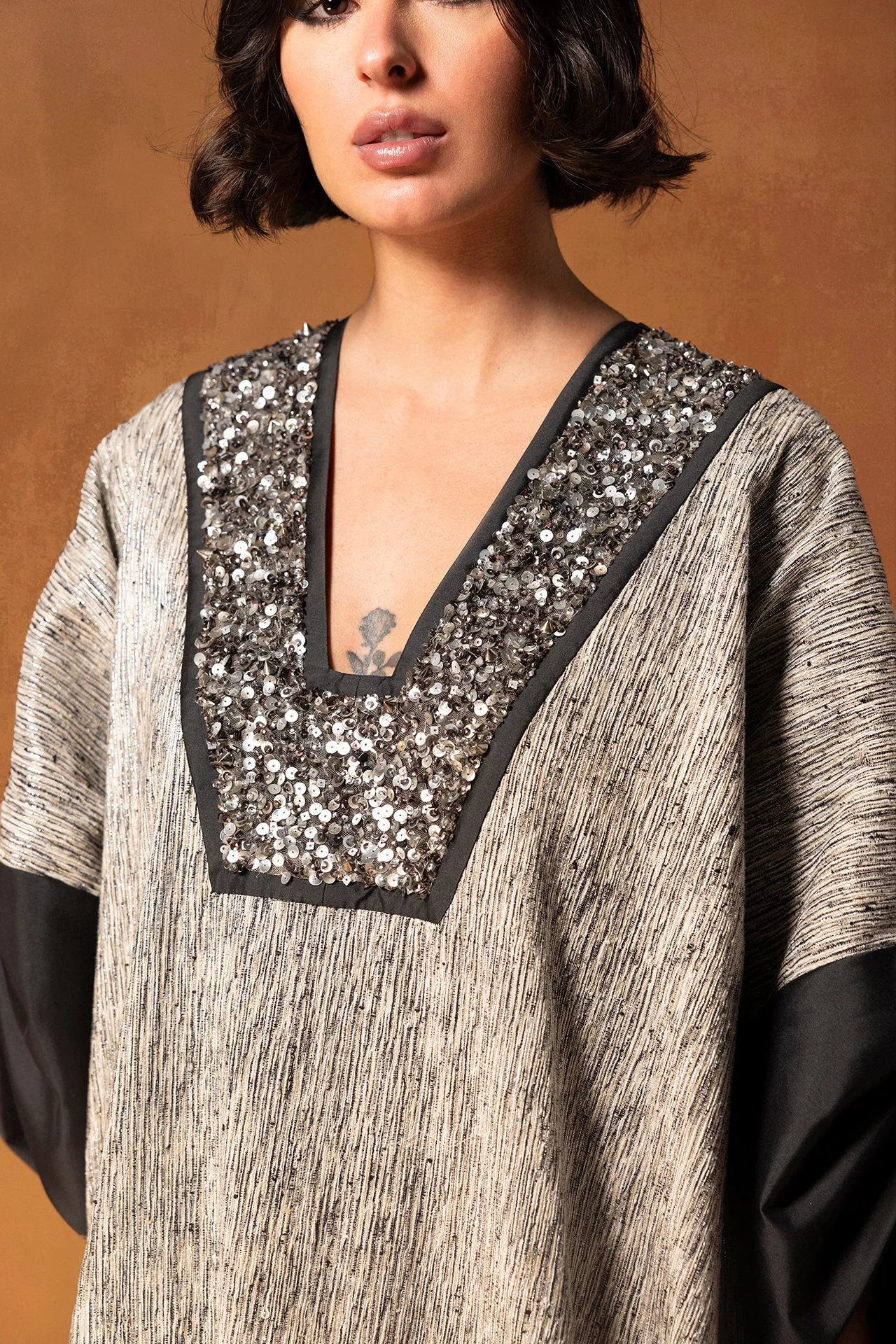 Silk Jacquard Kaftan with Beaded Lurex Neckline