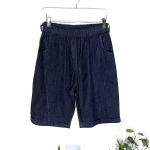 Smart denim knee length shorts with elasticated waist and pockets