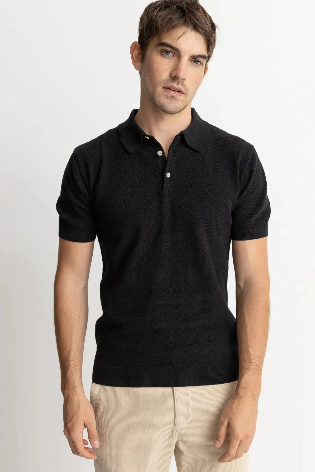 Textured Knit SS Polo (Black)