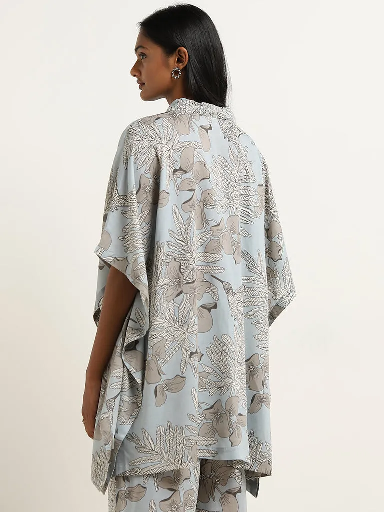 Utsa Dusty Blue Foliage Printed A-Line Kaftan Style Kurta
