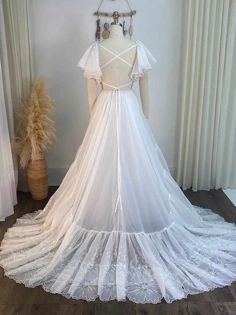 V Neck Embroidered Bohemian Lace Bridal Dress Boho Maxi Dress for Weddings YW240080-1