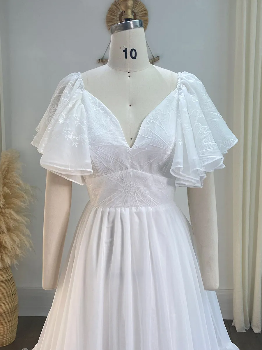 V Neck Embroidered Bohemian Lace Bridal Dress Boho Maxi Dress for Weddings YW240080-1