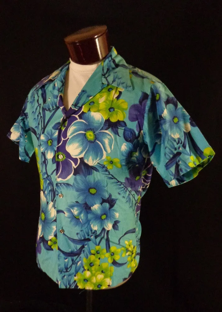 Vintage 50s 60s Blue Paradise Hawaii Floral Print Hawaiian Shirt