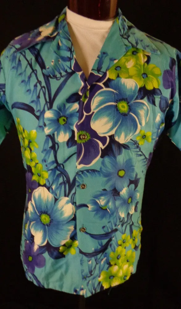 Vintage 50s 60s Blue Paradise Hawaii Floral Print Hawaiian Shirt